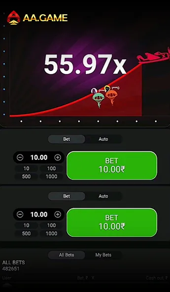AA Game Aviator betting screen with multiplier graph